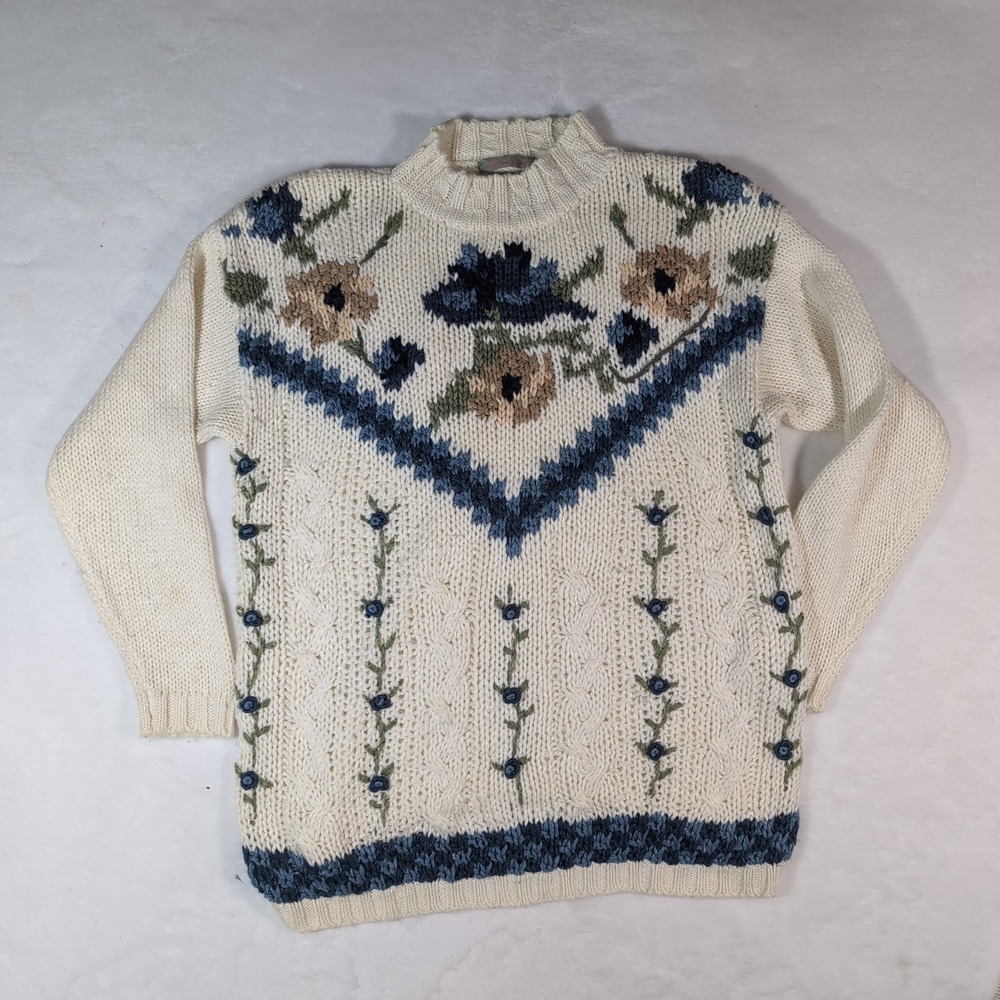 Vintage American Weekend Sweater Chunky Women Large Floral Hand Knit Grandmacore - Picture 2 of 10